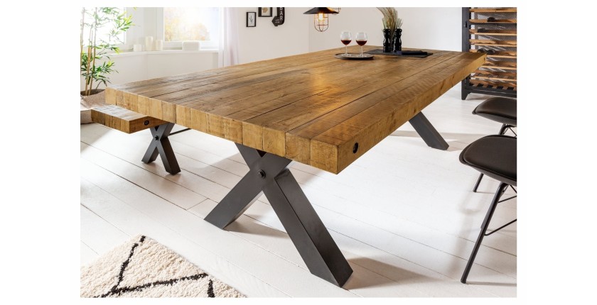 Table CHRIS – Bois de pin recyclé verni et métal noir – 200 cm – Plateau épais 80 mm – Style industriel
