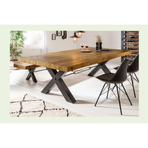 Table CHRIS – Bois de pin recyclé verni et métal noir – 200 cm – Plateau épais 80 mm – Style industriel