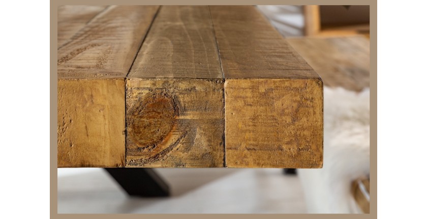 Table CHRIS – Bois de pin recyclé verni et métal noir – 200 cm – Plateau épais 80 mm – Style industriel