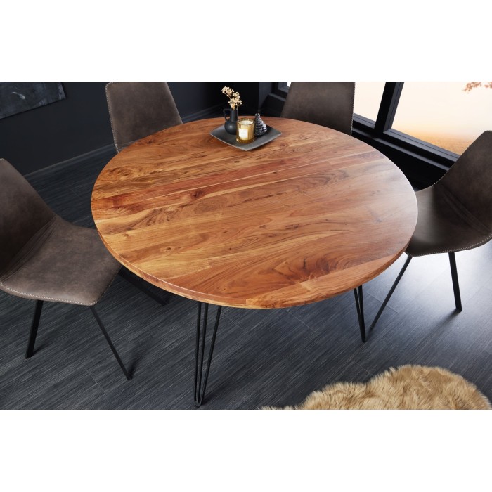Table de salle à manger TALOA – Bois massif d’acacia et métal noir – 120 cm – Plateau épais 45 mm – Style industriel