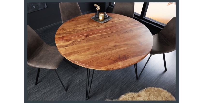 Table de salle à manger TALOA – Bois massif d’acacia et métal noir – 120 cm – Plateau épais 45 mm – Style industriel