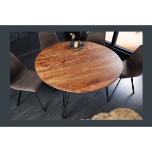 Table de salle à manger TALOA – Bois massif d’acacia et métal noir – 120 cm – Plateau épais 45 mm – Style industriel