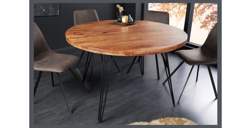 Table de salle à manger TALOA – Bois massif d’acacia et métal noir – 120 cm – Plateau épais 45 mm – Style industriel