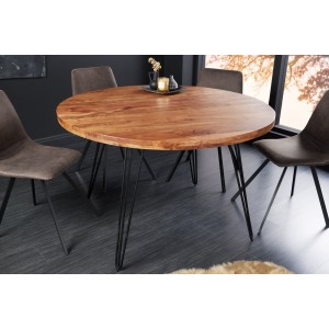 Table de salle à manger TALOA – Bois massif d’acacia et métal noir – 120 cm – Plateau épais 45 mm – Style industriel