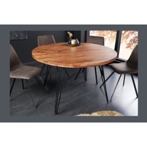 Table de salle à manger TALOA – Bois massif d’acacia et métal noir – 120 cm – Plateau épais 45 mm – Style industriel