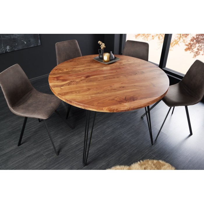 Table de salle à manger TALOA – Bois massif d’acacia et métal noir – 120 cm – Plateau épais 45 mm – Style industriel