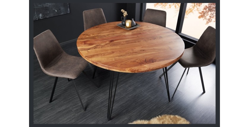Table de salle à manger TALOA – Bois massif d’acacia et métal noir – 120 cm – Plateau épais 45 mm – Style industriel