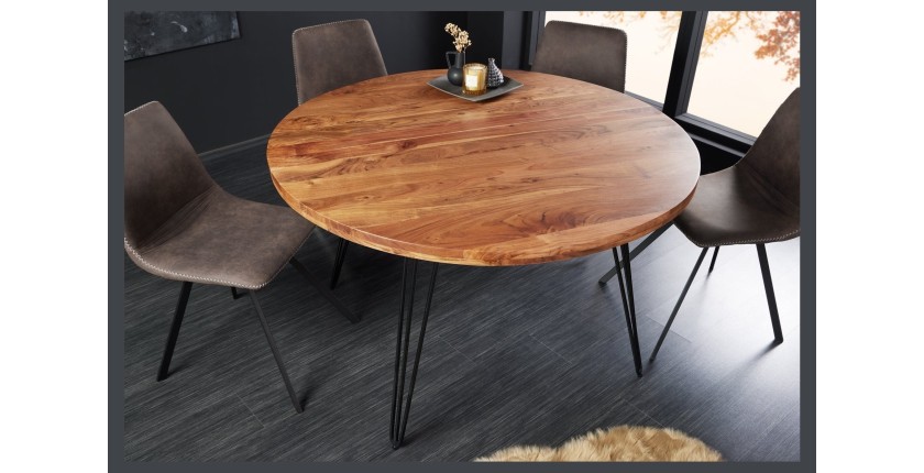 Table de salle à manger TALOA – Bois massif d’acacia et métal noir – 120 cm – Plateau épais 45 mm – Style industriel