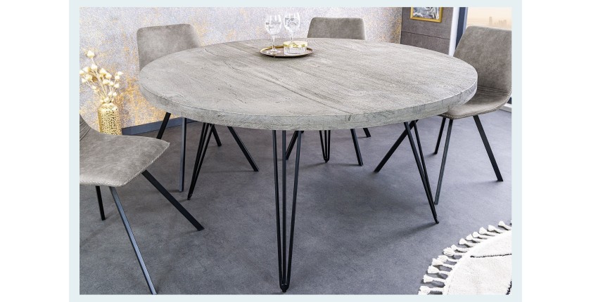 Table de salle à manger TALOA – Bois de manguier gris et métal noir – 120 cm – Forme ronde – Style contemporain