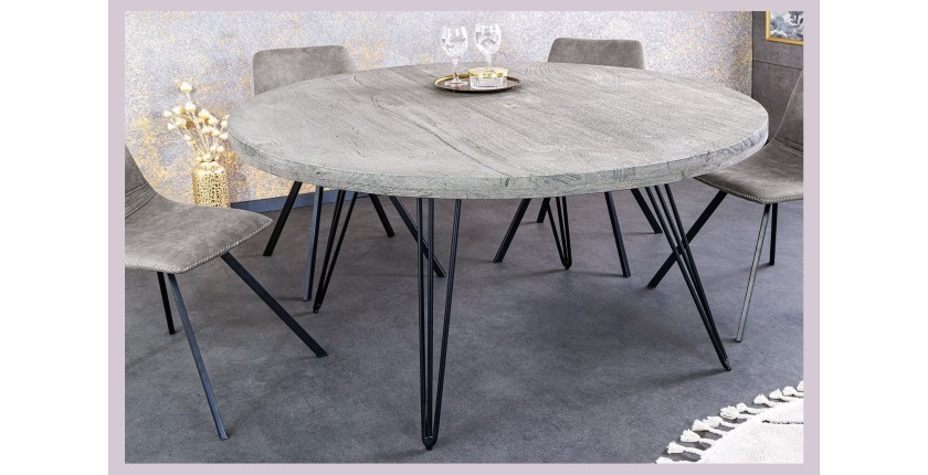 Table de salle à manger TALOA – Bois de manguier gris et métal noir – 120 cm – Forme ronde – Style contemporain