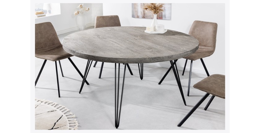 Table de salle à manger TALOA – Bois de manguier gris et métal noir – 120 cm – Forme ronde – Style contemporain