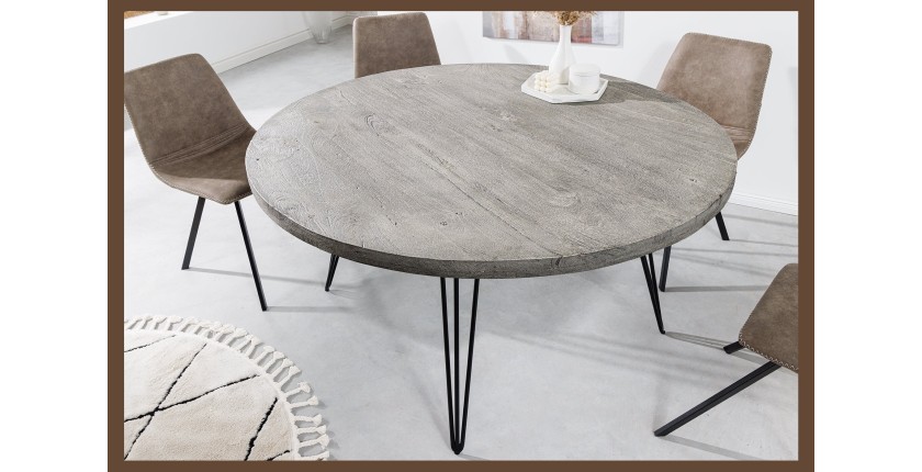 Table de salle à manger TALOA – Bois de manguier gris et métal noir – 120 cm – Forme ronde – Style contemporain