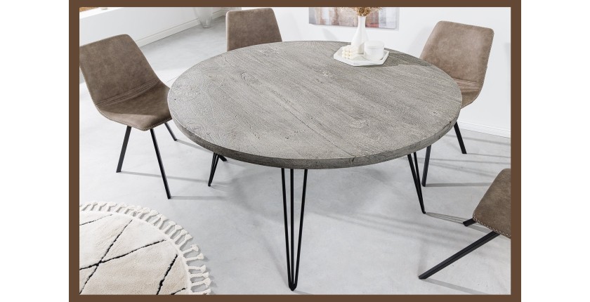 Table TALOA – Bois de manguier gris et métal noir – 80 cm – Forme ronde – Style contemporain