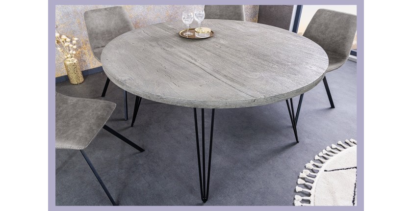 Table TALOA – Bois de manguier gris et métal noir – 80 cm – Forme ronde – Style contemporain