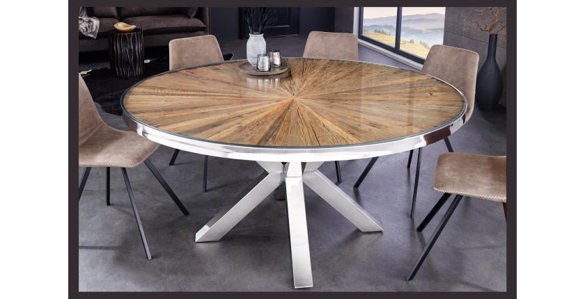 Table RAFTA – Bois de teck et verre trempé – Pied chromé – 140 cm – Ronde – Style contemporain