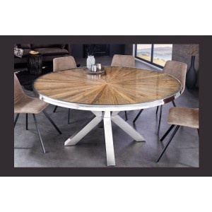 Table RAFTA – Bois de teck et verre trempé – Pied chromé – 140 cm – Ronde – Style contemporain
