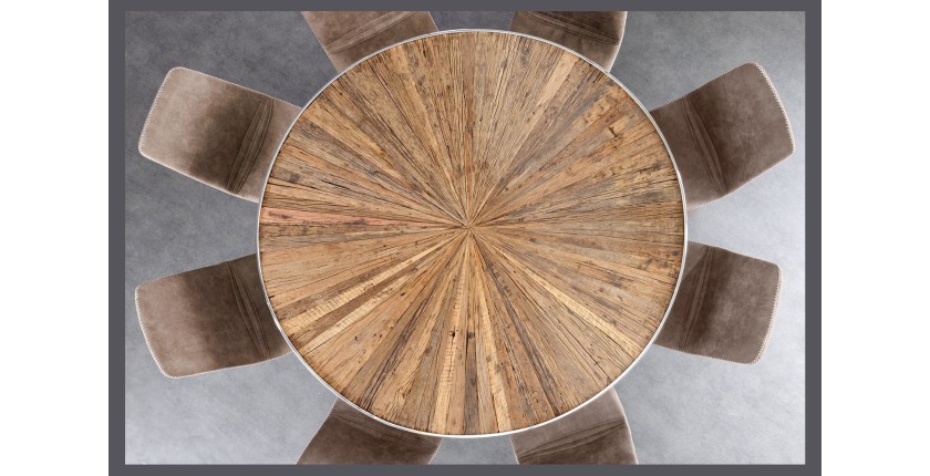 Table RAFTA – Bois de teck et verre trempé – Pied chromé – 140 cm – Ronde – Style contemporain