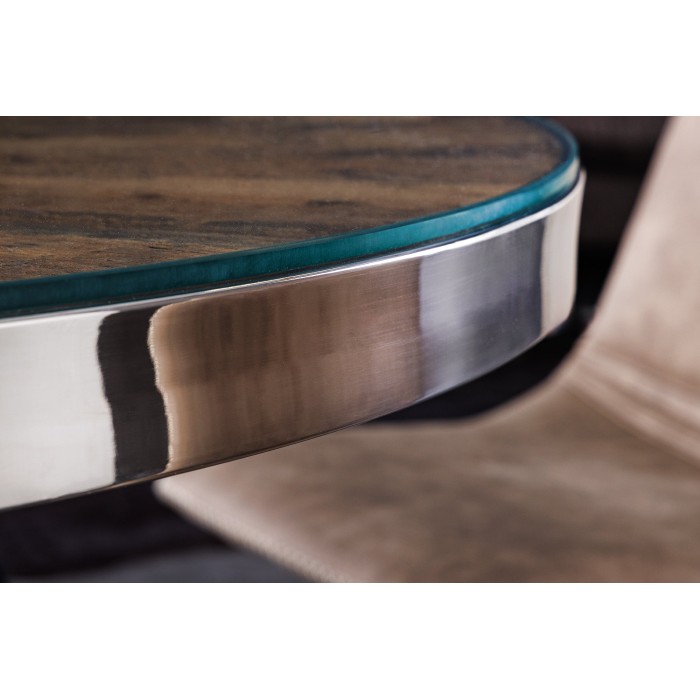 Table RAFTA – Bois de teck et verre trempé – Pied chromé – 140 cm – Ronde – Style contemporain