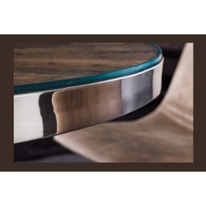 Table RAFTA – Bois de teck et verre trempé – Pied chromé – 140 cm – Ronde – Style contemporain
