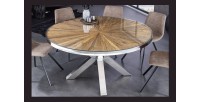 Table RAFTA – Bois de teck et verre trempé – Pied chromé – 140 cm – Ronde – Style contemporain