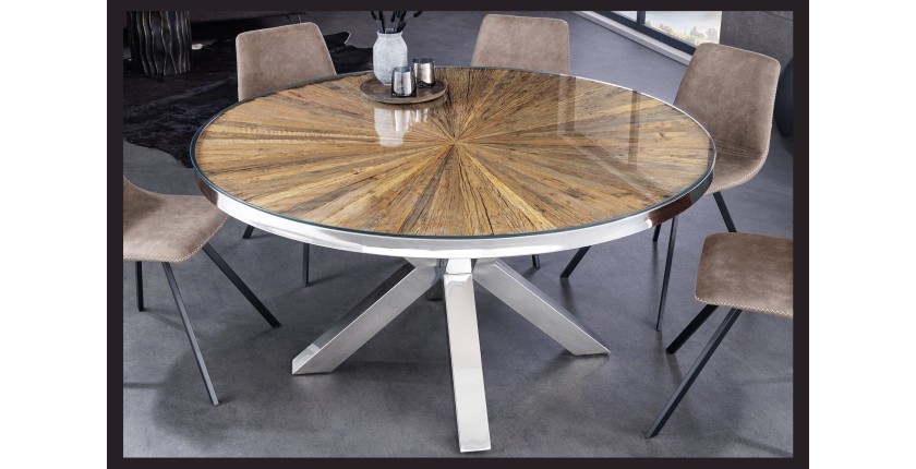 Table RAFTA – Bois de teck et verre trempé – Pied chromé – 140 cm – Ronde – Style contemporain