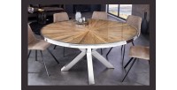 Table de salle à manger RAFTA – Bois de teck et verre trempé – Pied chromé – 120 cm – Ronde – Style contemporain