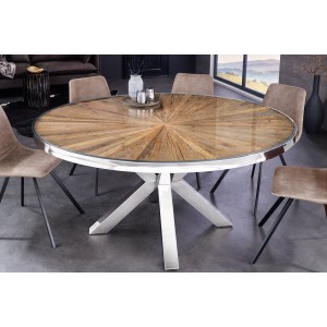 Table de salle à manger RAFTA – Bois de teck et verre trempé – Pied chromé – 120 cm – Ronde – Style contemporain