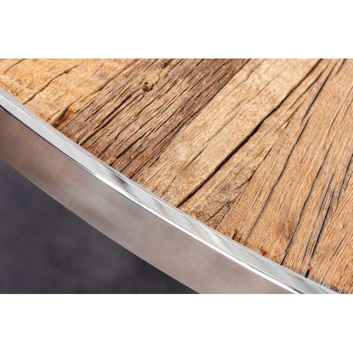 Table de salle à manger RAFTA – Bois de teck et verre trempé – Pied chromé – 120 cm – Ronde – Style contemporain