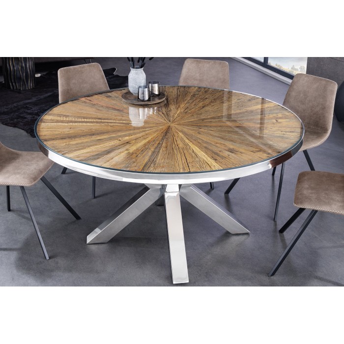 Table de salle à manger RAFTA – Bois de teck et verre trempé – Pied chromé – 120 cm – Ronde – Style contemporain