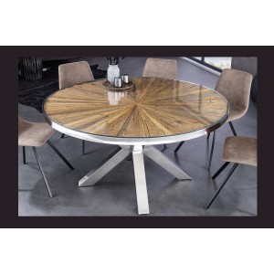 Table de salle à manger RAFTA – Bois de teck et verre trempé – Pied chromé – 120 cm – Ronde – Style contemporain
