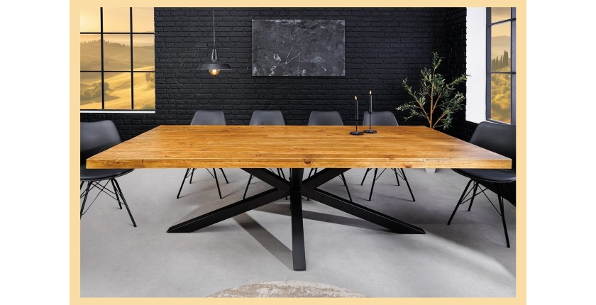 Table de salle à manger SOLARA – Bois de pin recyclé verni et métal noir – 240 cm – Style industriel
