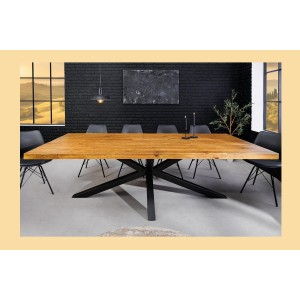 Table de salle à manger SOLARA – Bois de pin recyclé verni et métal noir – 240 cm – Style industriel