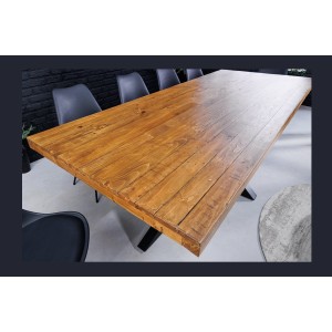 Table de salle à manger SOLARA – Bois de pin recyclé verni et métal noir – 240 cm – Style industriel