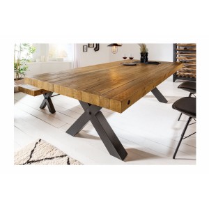 Table CHRIS – Bois de pin recyclé verni et métal noir – 240 cm – Style industriel