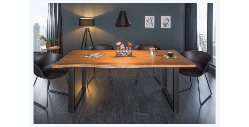 Table de salle à manger ARKAYA – Bois massif d’acacia verni et métal noir – 160 cm – Style industriel