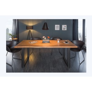Table de salle à manger ARKAYA – Bois massif d’acacia verni et métal noir – 160 cm – Style industriel