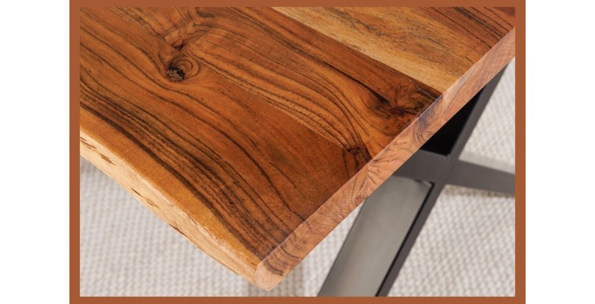 Table de salle à manger ARKAYA – Bois massif d’acacia verni et pieds en métal noir en X – 160 cm – Style industriel