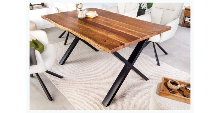 Table de salle à manger ARKAYA – Bois massif d’acacia verni et pieds en métal noir en X – 160 cm – Style industriel