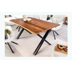 Table de salle à manger ARKAYA – Bois massif d’acacia verni et pieds en métal noir en X – 160 cm – Style industriel