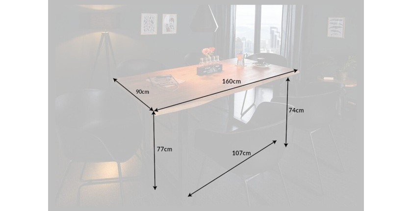 Table ARKAYA 160 cm – Plateau en bois d’acacia sauvage verni et pieds en métal noir en U – Style industriel