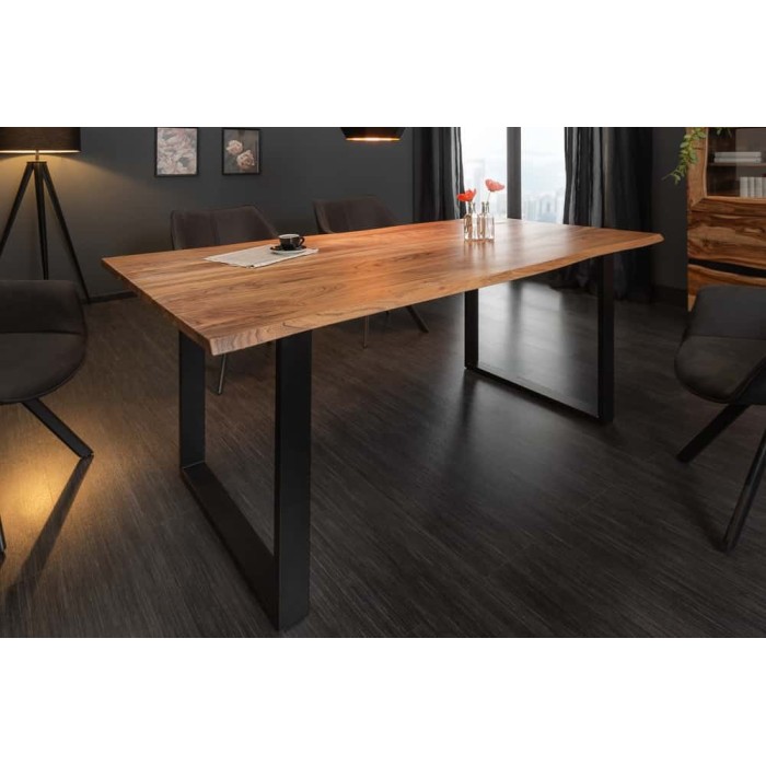 Table de salle à manger ARKAYA 180 cm – Plateau en bois d’acacia sauvage verni et pieds en métal noir en U – Style industriel