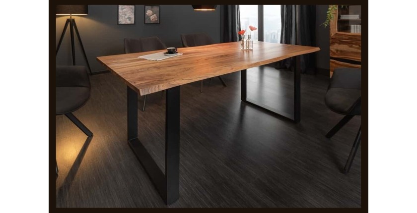 Table de salle à manger ARKAYA 180 cm – Plateau en bois d’acacia sauvage verni et pieds en métal noir en U – Style industriel