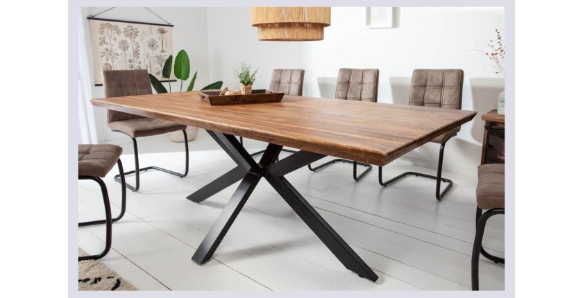 Table SOLARA 200 cm – Plateau en bois de Sheesham verni et pieds en métal noir – Style industriel