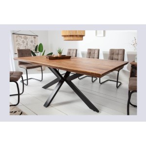Table SOLARA 200 cm – Plateau en bois de Sheesham verni et pieds en métal noir – Style industriel