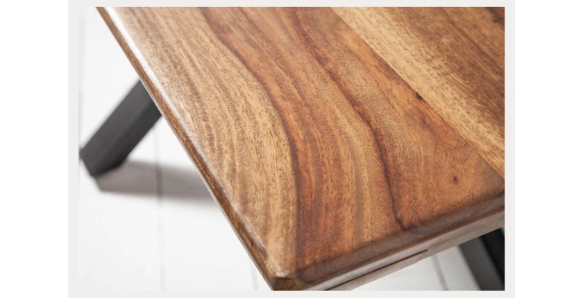 Table SOLARA 200 cm – Plateau en bois de Sheesham verni et pieds en métal noir – Style industriel