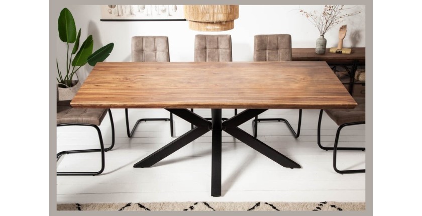 Table SOLARA 200 cm – Plateau en bois de Sheesham verni et pieds en métal noir – Style industriel