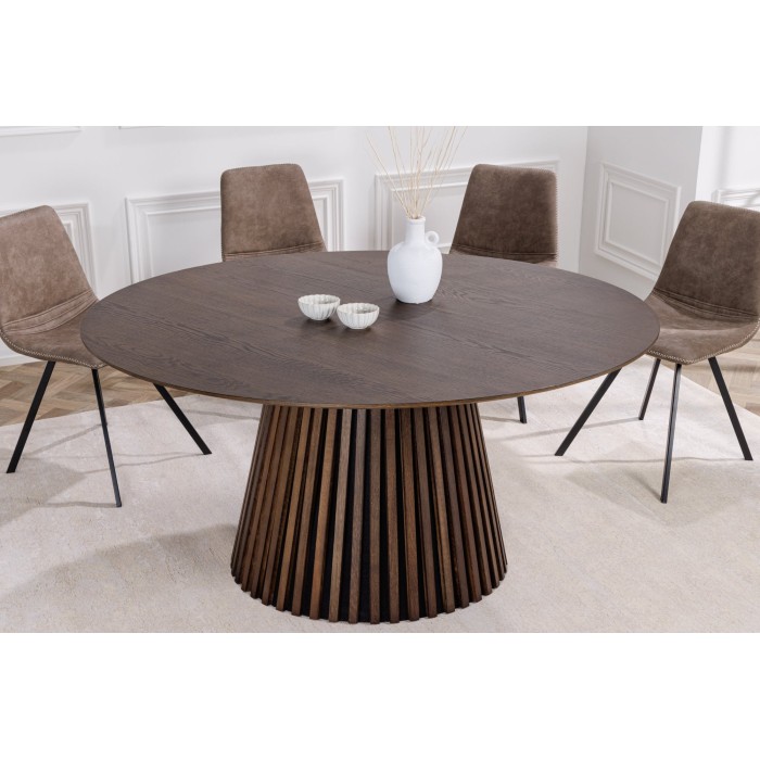 Table de salle à manger KANOVA 120 cm – Plateau rond en chêne foncé et pied central design – Style contemporain