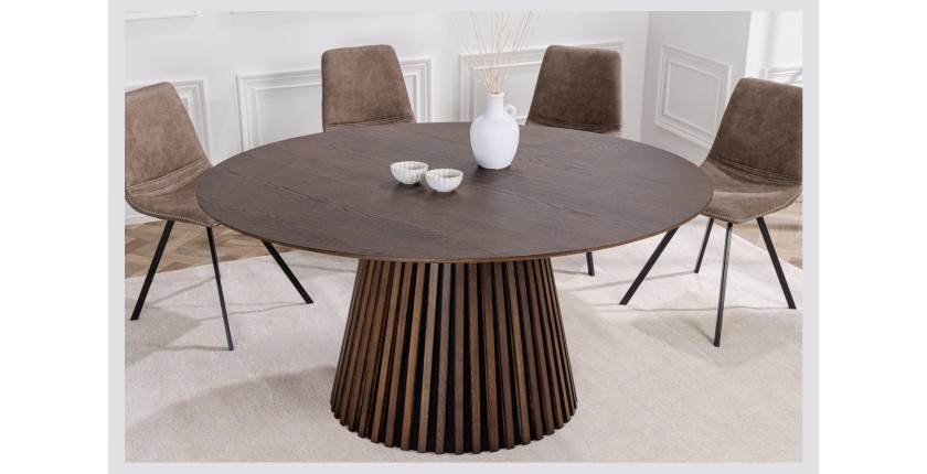 Table de salle à manger KANOVA 120 cm – Plateau rond en chêne foncé et pied central design – Style contemporain