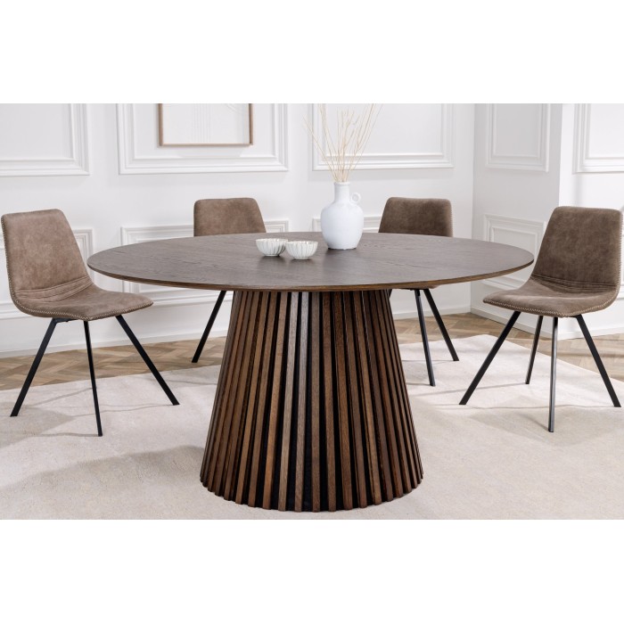 Table de salle à manger KANOVA 120 cm – Plateau rond en chêne foncé et pied central design – Style contemporain