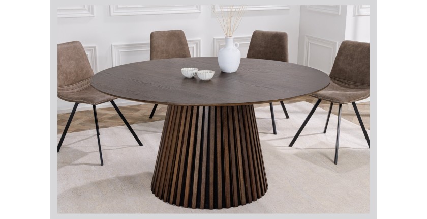 Table de salle à manger KANOVA 120 cm – Plateau rond en chêne foncé et pied central design – Style contemporain
